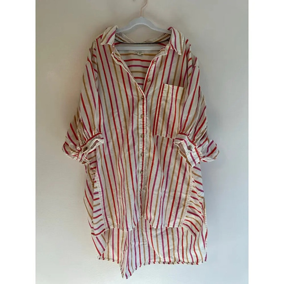 Pilcro Oversized Pink 100% Cotton Painter Striped Buttondown Shirt Medium - Picture 4 of 7